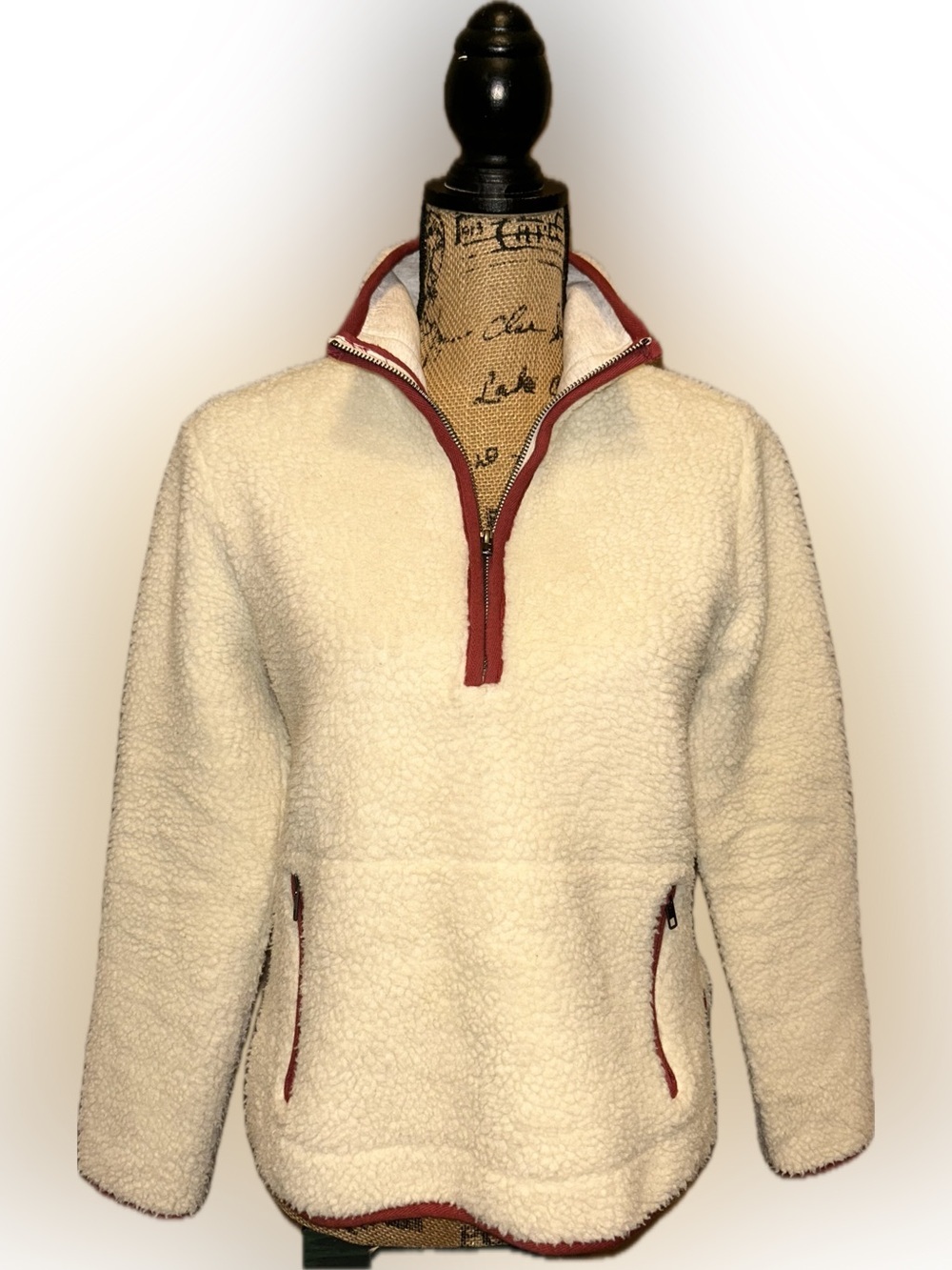 Marine Layer Corbet Cream Sherpa Teddy 1/4 Zip Sweater Jacket Red Orange Trim S - Picture 2 of 9